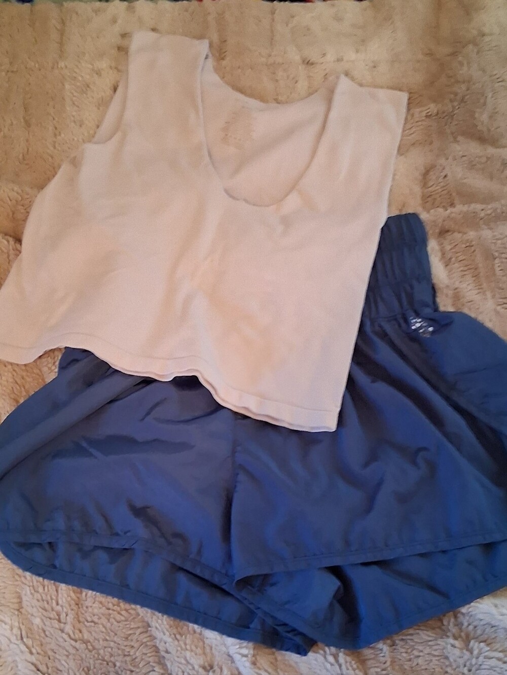 Free People Blue Athletic Shorts with Elastic Waist and White Cropped Tank
